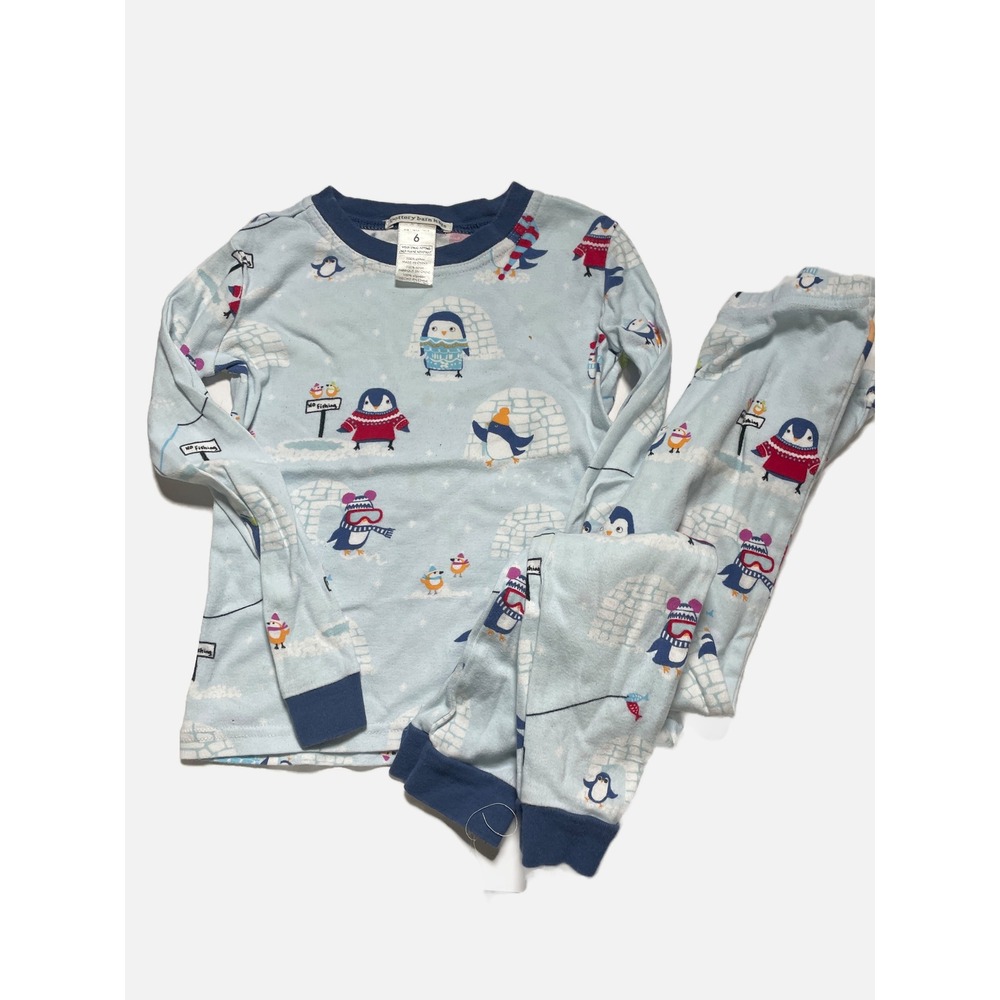Pottery Barn Kids Pajama Set Kids 6 Blue Penguin Winter Igloo Cotton Sleepwear